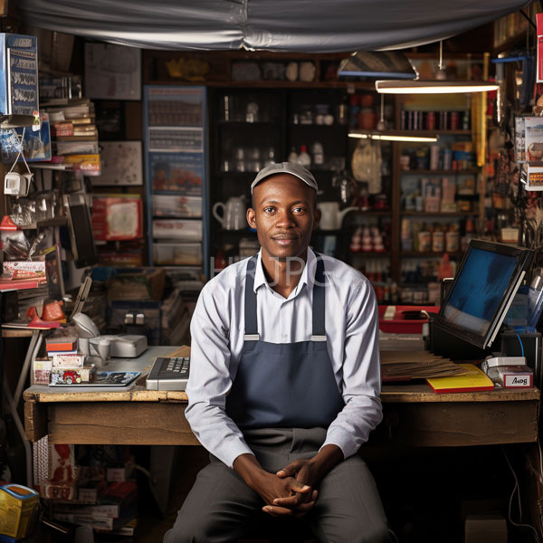 High Resolution: African-American male sitting at a cluttered workshop desk wearing a light blue shirt and dark apron with shelves filled with tools and books behind download. | HRJPG.com