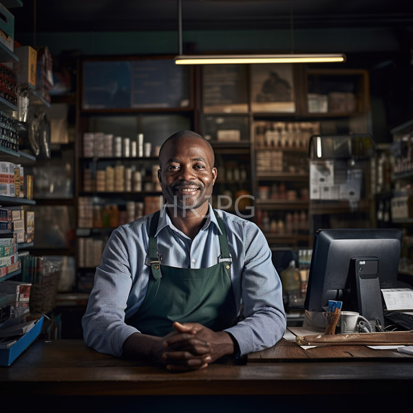 High Resolution: African-American male barista with a bald head wears a blue shirt under a green apron smiling warmly behind a wooden counter in a dim-lit coffee shop download. | HRJPG.com