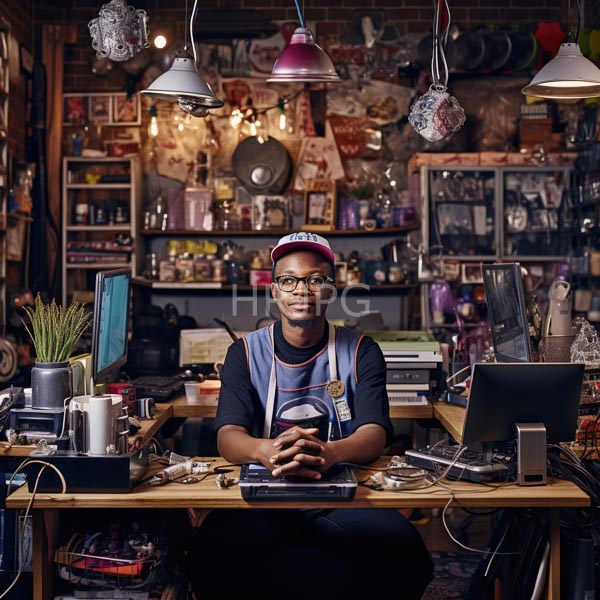 High Resolution: African-American man with dark skin wearing glasses and a pink-and-white cap holds coffee at a cluttered workshop desk amidst shelves filled with tools download. | HRJPG.com