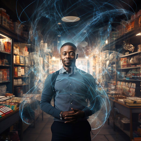 High Resolution: Attractive dark-skinned Black man with short hair and a beard stands in a dim bookstore aisle filled with shelves of books holding his hands together download. | HRJPG.com