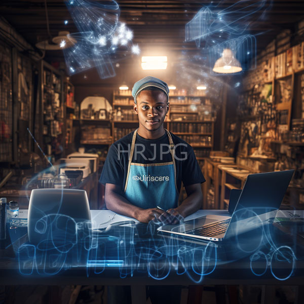 High Resolution: African-American male wearing glasses and a blue apron works at a wooden workshop table holding a laptop under warm industrial lighting amidst cluttered shelves download. | HRJPG.com