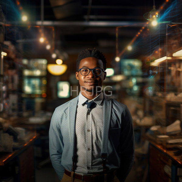 High Resolution: Attractive young Black man with curly hair and glasses stands in a dim-lit vintage shop wearing a light blue cardigan and suspenders smiling subtly download. | HRJPG.com