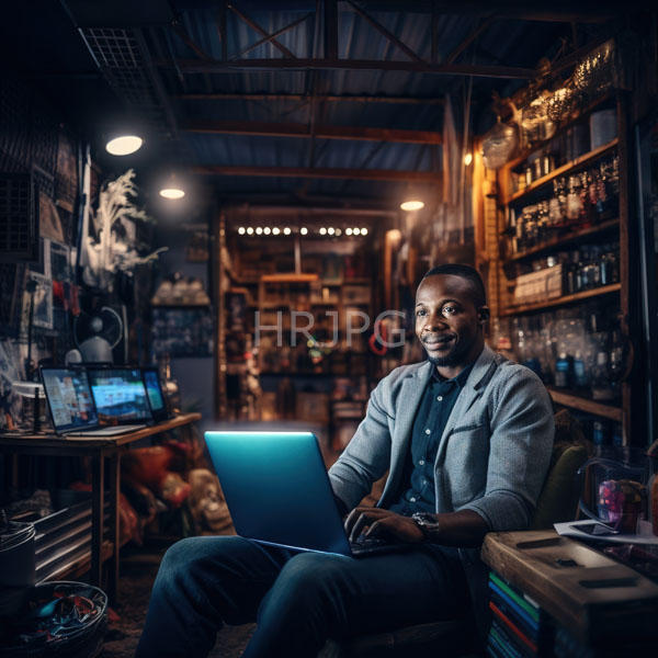 High Resolution: African-American man with dark skin wears a gray blazer working on a blue laptop in a dim-lit workshop filled with shelves containing various tools download. | HRJPG.com