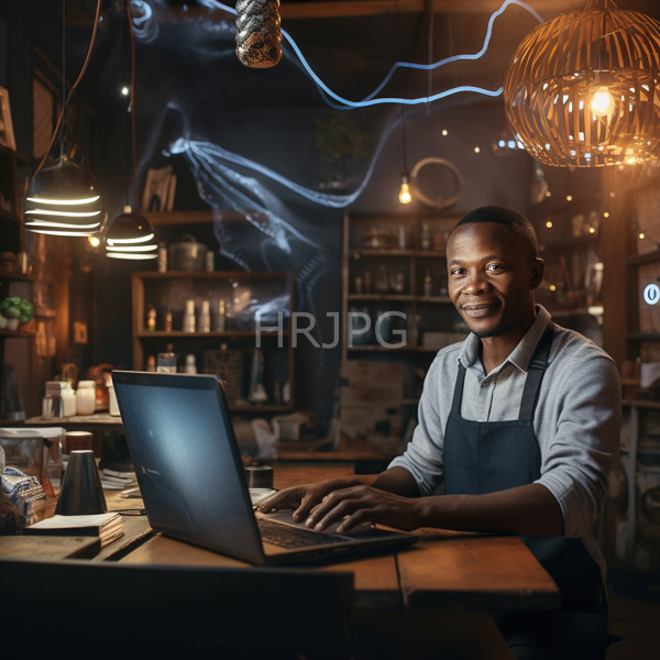 High Resolution: African-American male barista with dark skin and short hair wears a light gray shirt under a black apron smiling while typing on a laptop in a dim-lit cafe download. | HRJPG.com