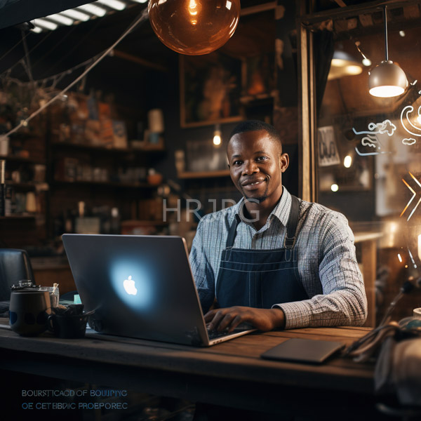 High Resolution: African-American barista with dark skin smiles warmly while working on a glowing MacBook at his wooden counter in a dim-lit cafe download. | HRJPG.com