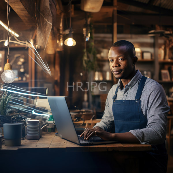 High Resolution: African-American man wears blue denim overalls and a gray button-up shirt working on a laptop at a rustic cafe counter under warm lighting download. | HRJPG.com