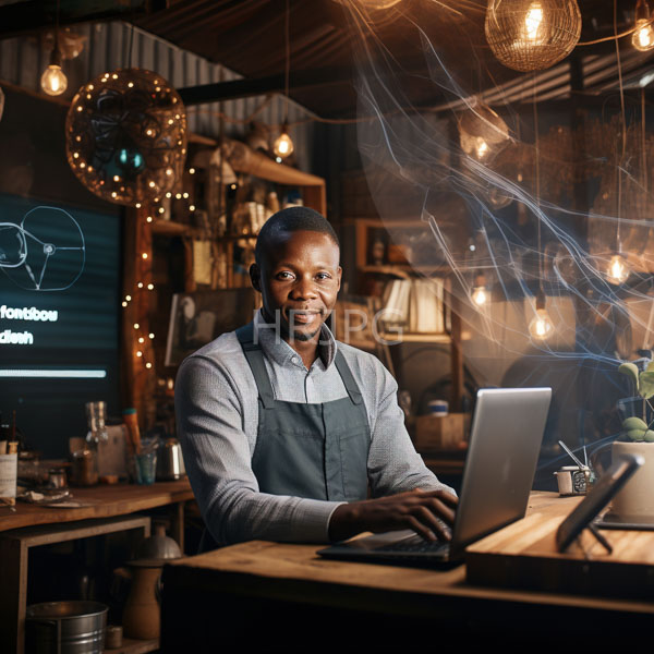 High Resolution: African-American male barista seated at a wooden counter working on a silver laptop in a warmly lit cafe adorned with string lights and shelves download. | HRJPG.com