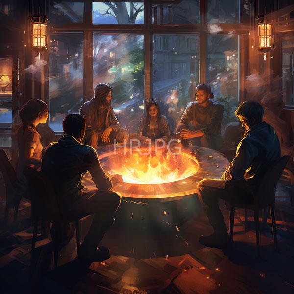 High Resolution: Six people in medieval attire sit around an outdoor fire pit inside a dim-lit room with warm flames illuminating their faces and large windows showing moonlit trees download. | HRJPG.com