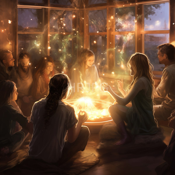 High Resolution: Seven young people with diverse hair colors sitting in a circle around a glowing campfire inside a wooden cabin at night with fairy-like sparkles floating download. | HRJPG.com
