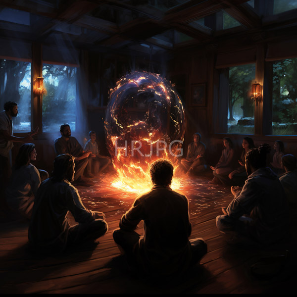 High Resolution: Twelve people sit in meditation around a glowing fire pit where a fiery sphere hovers above it inside a dim-lit wooden room with large windows download. | HRJPG.com