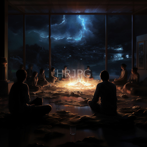 High Resolution: Ten silhouetted people sit in front of an outdoor fire pit viewed from behind through large windows at night with dramatic lightning-lit clouds outside download. | HRJPG.com