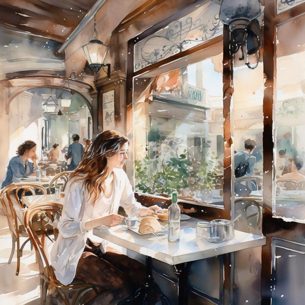 High Resolution: Elegant cafe with sunlight streaming through large windows illuminating wooden chairs and marble tables where two women sit in soft blue attire download. | HRJPG.com