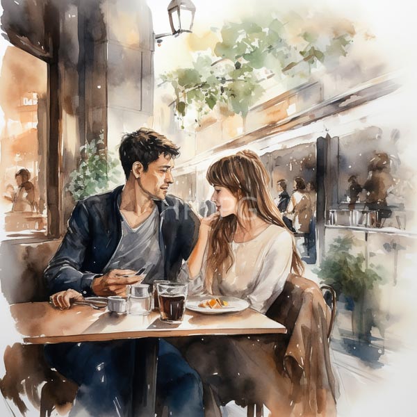High Resolution: Intimate cafe scene features a young couple seated at wooden tables engaged in conversation and sharing food with soft sunlight filtering through trees download. | HRJPG.com
