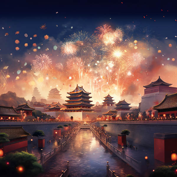 High Resolution: Illuminated traditional Chinese cityscape at night with vibrant fireworks exploding above multi-tiered pagodas and red-roof buildings along reflective waterways download. | HRJPG.com