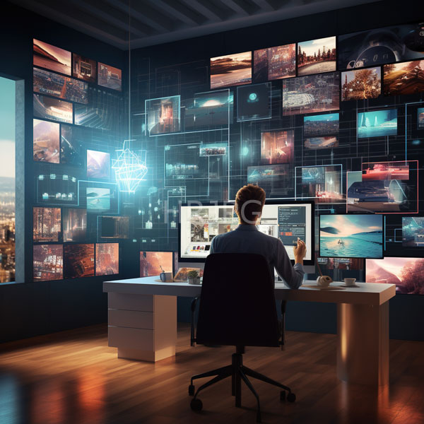 High Resolution: Office with wooden floors features a man in dark attire seated at a white desk facing multiple computer screens displaying augmented reality images download. | HRJPG.com