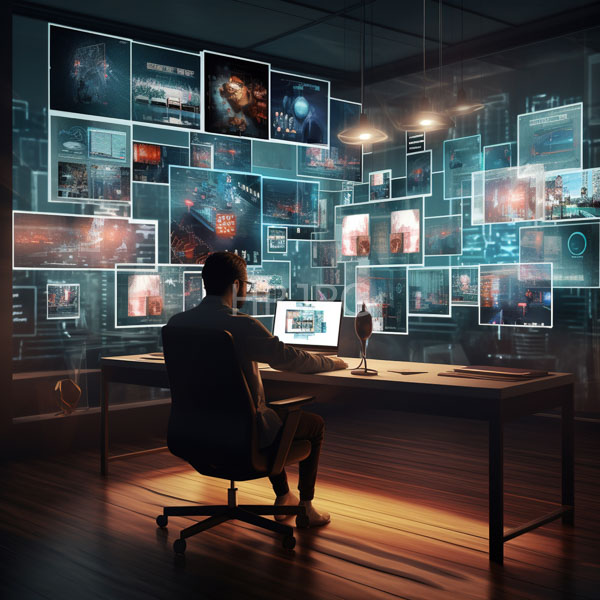 High Resolution: Asian man with short black hair seated on a swivel chair at a wooden desk working on his laptop displaying code with holographic projections in the background download. | HRJPG.com