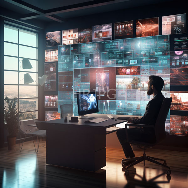 High Resolution: Office with dim lighting features a bearded man in dark attire sitting at a modern desk facing computer screens displaying futuristic interfaces on glass panels download. | HRJPG.com