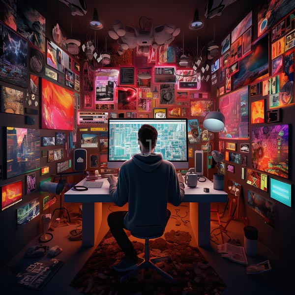 High Resolution: Artist in a dim colorful room surrounded by vibrant posters and neon lights sits at a white desk with dual monitors displaying intricate designs download. | HRJPG.com
