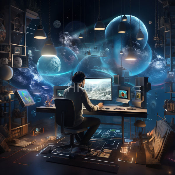 High Resolution: Astronaut-like man with dark hair and beard wearing glasses sits at a futuristic desk in a dim-lit room where monitors display space imagery and glowing planets download. | HRJPG.com
