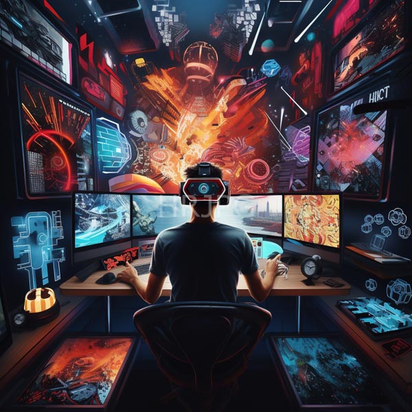 High Resolution: Person in dark clothing wearing a VR headset sits at a futuristic desk surrounded by multiple high-tech monitors displaying vibrant sci-fi visuals download. | HRJPG.com