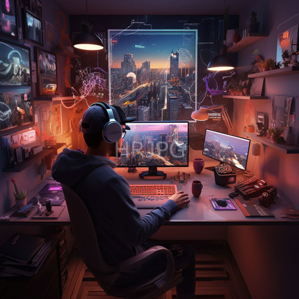 High Resolution: Asian male gamer in headphones wears a blue hoodie seated at a futuristic desk with three monitors displaying cityscapes under neon lights download. | HRJPG.com