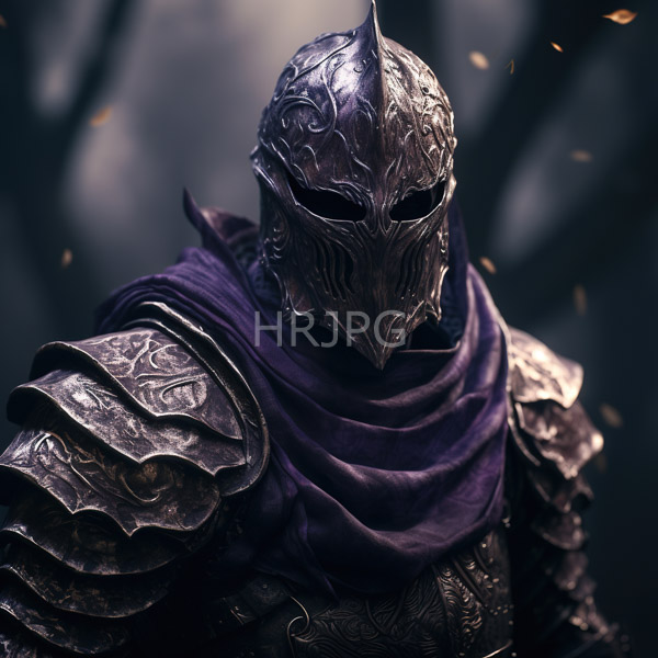 High Resolution: Armored knight with intricate dark metallic helmet and shoulder plates wears an ornate purple cloak in dim light with floating embers behind download. | HRJPG.com