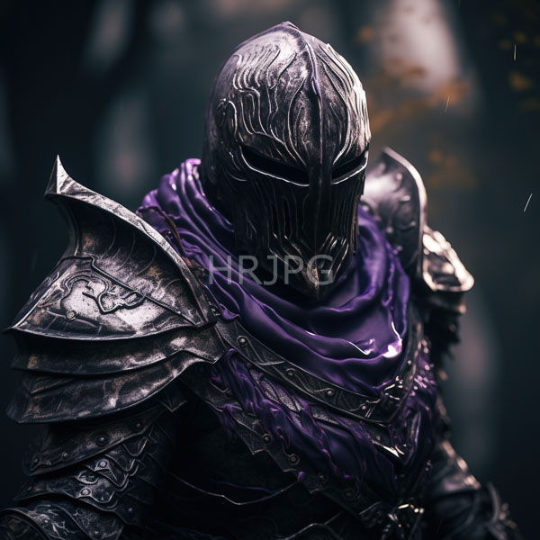High Resolution: Armored warrior with intricate silver-patterned helmet and shoulder plates wears dark purple cloth over black armor against a blurred forest background download. | HRJPG.com