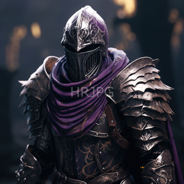 High Resolution: Armored knight with intricate dark metallic armor and purple cloak draped over their shoulders stands in dim light suggesting a medieval castle interior download. | HRJPG.com