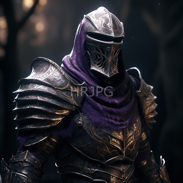 High Resolution: Armored warrior with intricate metallic shoulder and chest plates adorned in dark gold patterns wears a black helmet partially covered by a purple hooded cloak download. | HRJPG.com