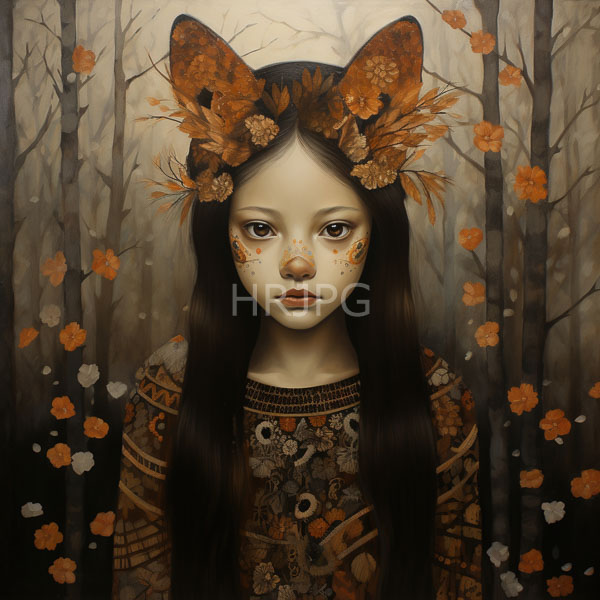 High Resolution: Ethereal young girl with pale skin large brown eyes and long black hair wears orange floral cat ears and matching clothing in a misty forest download. | HRJPG.com