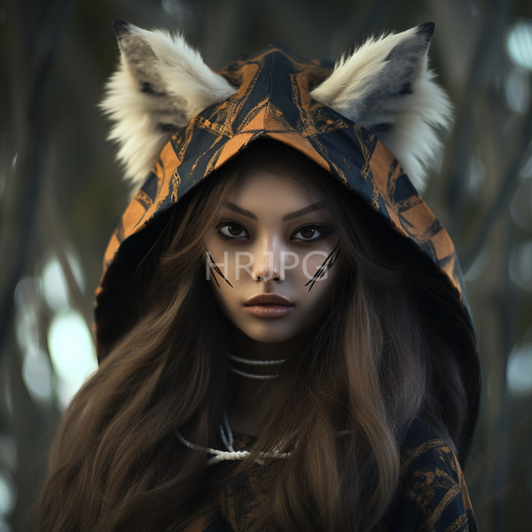 High Resolution: Asian woman with long brown hair wears a hooded jacket adorned in orange and black patterns featuring fox ears and dark tribal-like lines around each eye download. | HRJPG.com