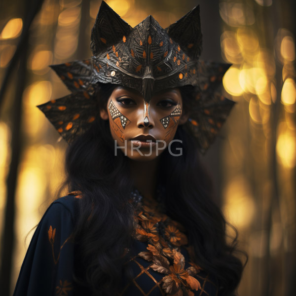 High Resolution: African-American woman with dark wavy hair wears intricate black and orange face paint resembling tribal markings with ornate cat-like headgear download. | HRJPG.com