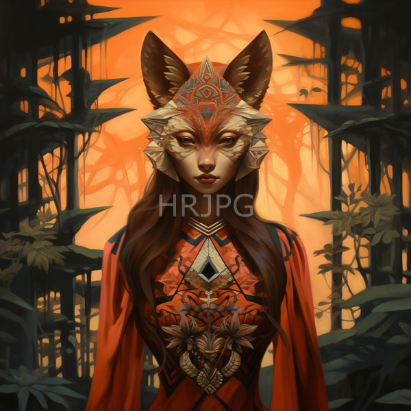 High Resolution: Anthropomorphic fox-woman with large pointed ears and intricate red-orange tribal attire stands against a glowing orange forest background of dark silhouetted trees download. | HRJPG.com