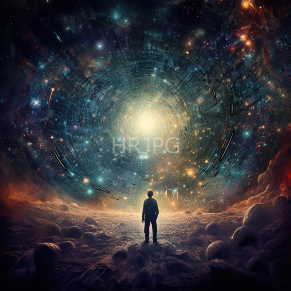 High Resolution: Astronaut standing in rocky moon-like terrain at night under swirling cosmic skies filled with stars and galaxies with a bright central light above download. | HRJPG.com