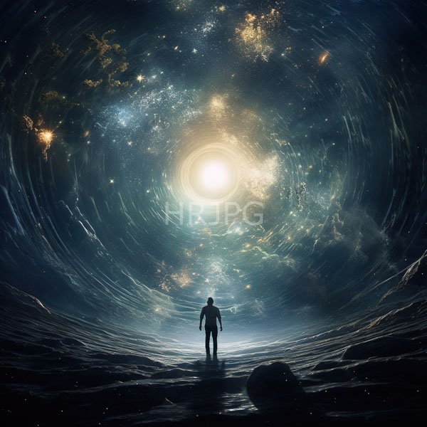 High Resolution: Astronaut standing on dark rocky terrain under swirling cosmic clouds and stars with a glowing nebulae and a central bright light source above download. | HRJPG.com