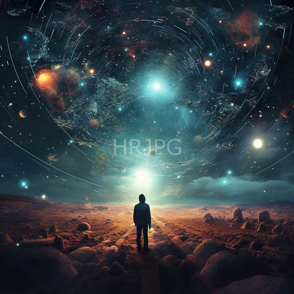 High Resolution: Silhouetted astronaut walks in rocky desert terrain at night gazing up toward swirling galaxies and stars under vibrant blue-green skies download. | HRJPG.com