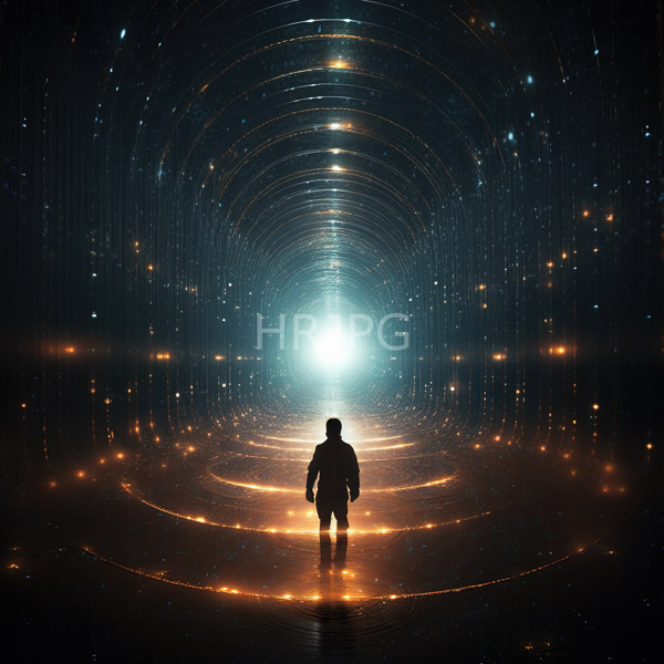 High Resolution: Silhouetted figure walks through an illuminated tunnel-shaped space with concentric circular patterns and glowing orange lights on a reflective ground download. | HRJPG.com