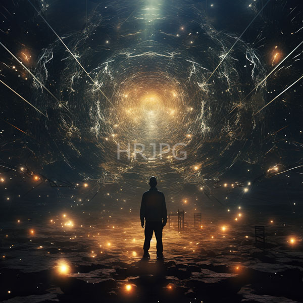 High Resolution: Silhouetted figure stands in an illuminated cavernous space with swirling cosmic patterns and glowing stars overhead and scattered chairs below download. | HRJPG.com