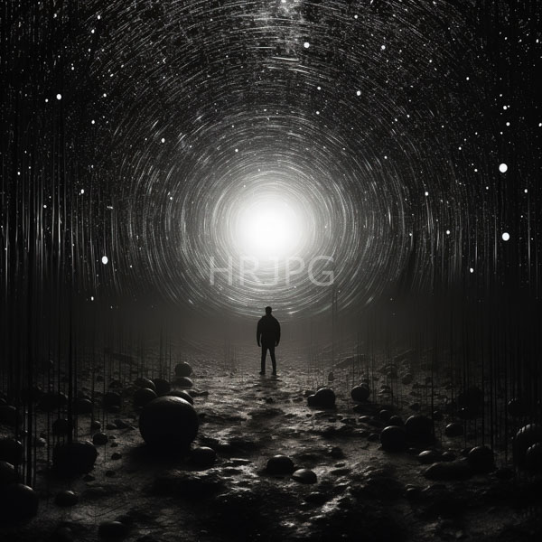 High Resolution: Black-and-white image depicts an individual standing in a starry circular tunnel with concentric light trails and numerous spherical objects hanging overhead download. | HRJPG.com