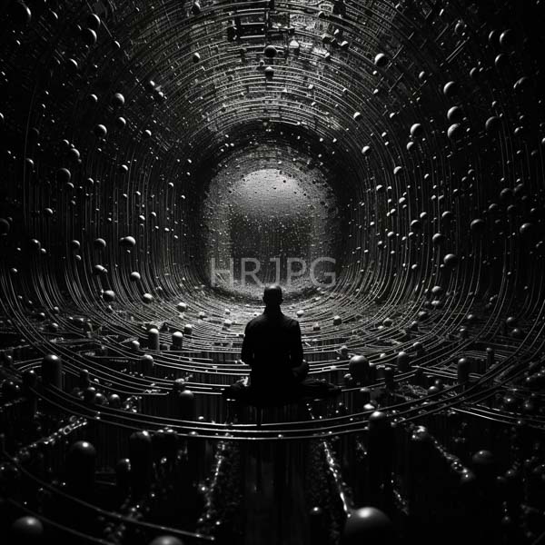High Resolution: Black-and-white photograph depicts an individual in silhouette standing at the center of a futuristic tunnel filled with concentric circular patterns download. | HRJPG.com
