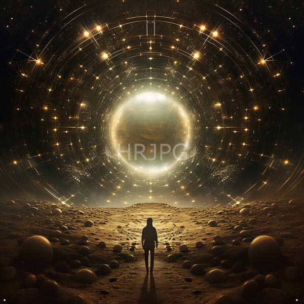 High Resolution: Astronaut stands on a rocky spherical asteroid field under starry skies with concentric circles of glowing stars and planets in the background download. | HRJPG.com