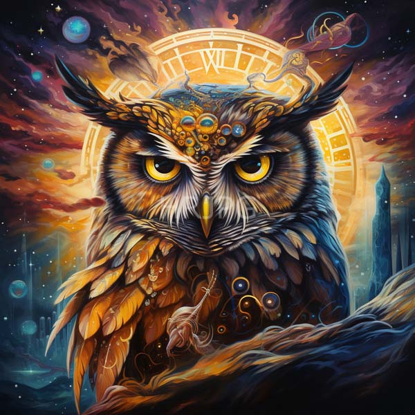 High Resolution: Intricately detailed majestic owl with golden and brown feathers adorned in celestial patterns stands against a vibrant sunset sky filled with planets download. | HRJPG.com