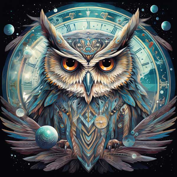 High Resolution: Intricately detailed anthropomorphic owl with large orange eyes and feathered wings set against a celestial background featuring clock symbols in blue tones download. | HRJPG.com