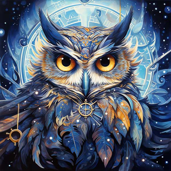 High Resolution: Intricately detailed vibrant blue and orange owl with large yellow eyes centered against a glowing celestial background featuring astrological symbols download. | HRJPG.com
