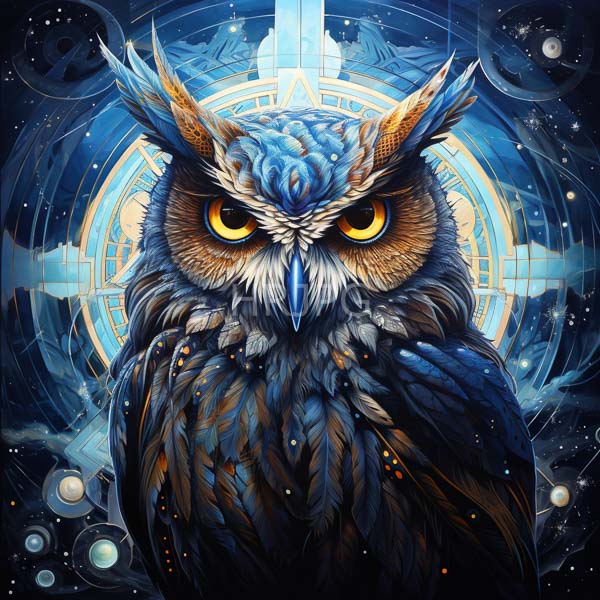 High Resolution: Intricately detailed realistic owl with vibrant blue and brown feathers set against a cosmic background featuring glowing circles and stars download. | HRJPG.com