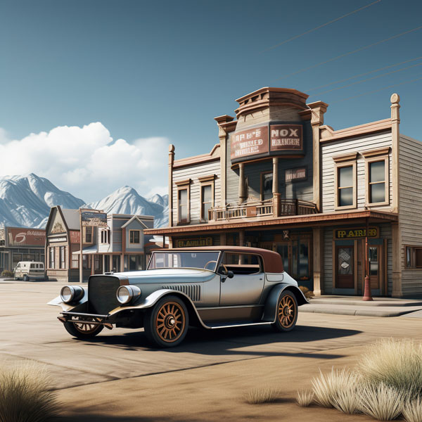 High Resolution: Early-20th-century silver convertible with brown accents parked in front of 6X Saloon on Main Street featuring wooden facades and mountains download. | HRJPG.com