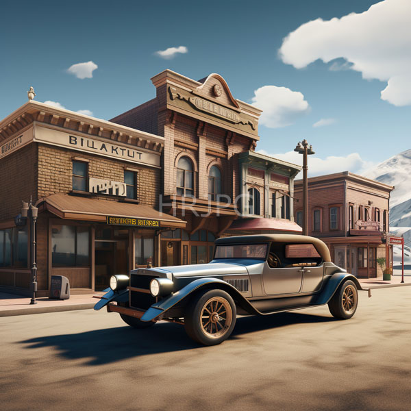 High Resolution: Early-20th-century Western town with vintage brick buildings a classic silver convertible car parked in front center-right under bright sunlight download. | HRJPG.com