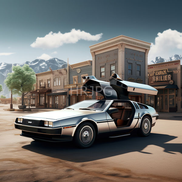 High Resolution: Futuristic silver and black car with gull-wing doors parked in front of old Western-style buildings on Main Street with mountains visible behind download. | HRJPG.com