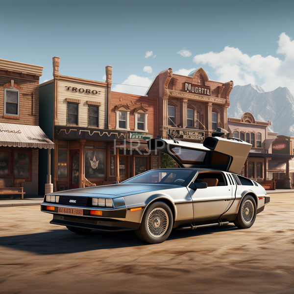 High Resolution: Open-top silver vintage BMW E23 sedan parked in front of rustic Western-style buildings labeled Trobo and Nuggeta with a clear blue sky download. | HRJPG.com