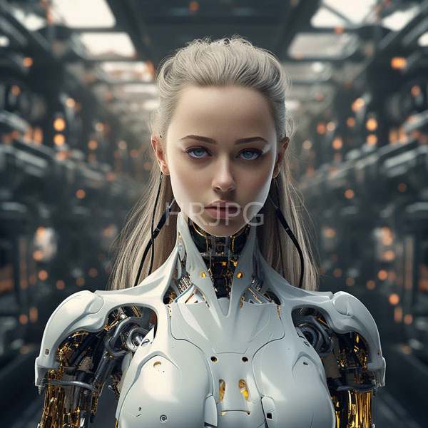 High Resolution: Hyper-realistic portrait of an attractive pale-skinned woman with blonde hair in futuristic white cybernetic armor with gold accents in a dim industrial corridor download. | HRJPG.com